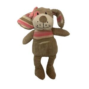 Maison Chic Plush Puppy Dog Plush Pink Bow Ribbed Striped Yarn Floppy Ears 13"